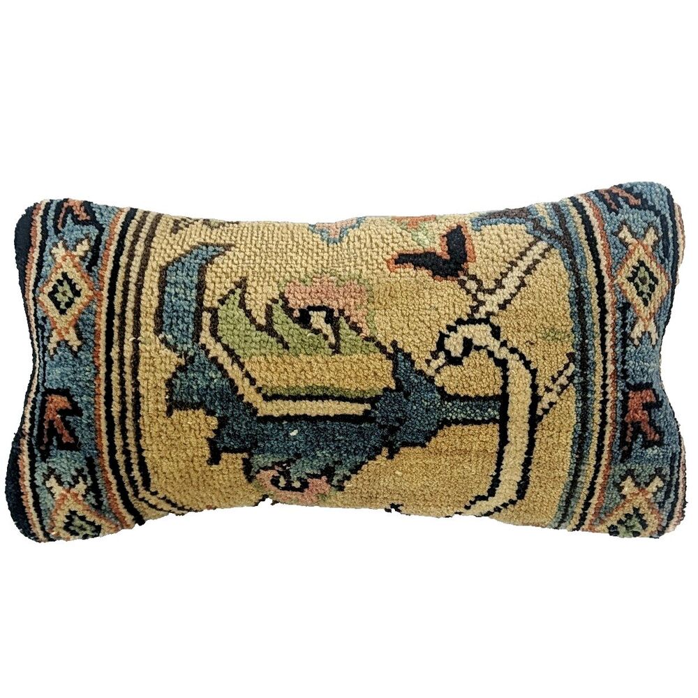 Nolpt Kilim Design Turkish Rug Lumbar Pillow 16 X 9 Wool Velvet Leaf Tan Blue